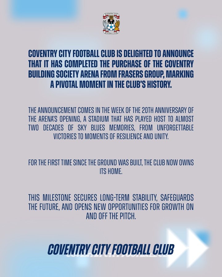 考文垂官方：俱乐部成功收购球场，现在拥有自己的主场了