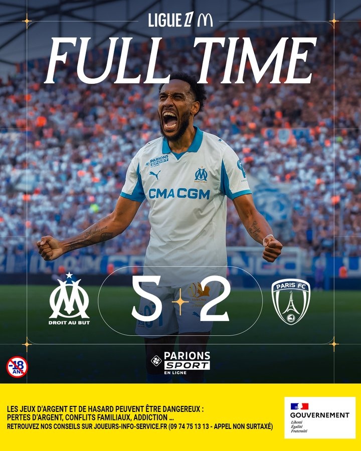 奥巴梅扬双响&格林伍德点射！马赛5-2巴黎FC，取得新赛季法甲首胜