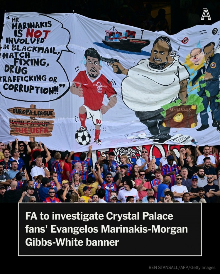 TA：水晶宫球迷晒森林老板拿枪指着怀特横幅，英足总将展开调查