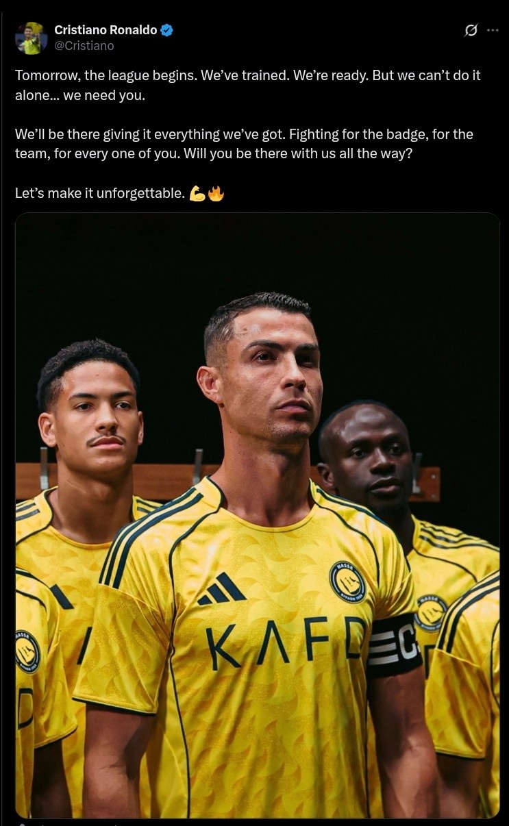 C罗社媒晒照预热：明天新赛季联赛开启，我们已经整装待发！