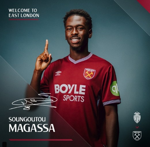 西汉姆联官方：摩纳哥21岁中场马加萨加盟，球员也可胜任中卫