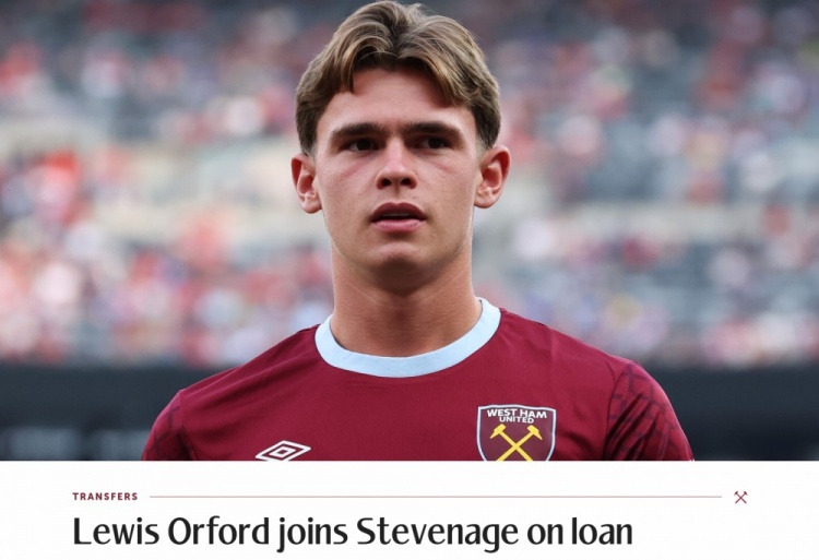 官方：西汉姆19岁中场奥福德租借至英甲斯蒂文尼奇 租期一个赛季