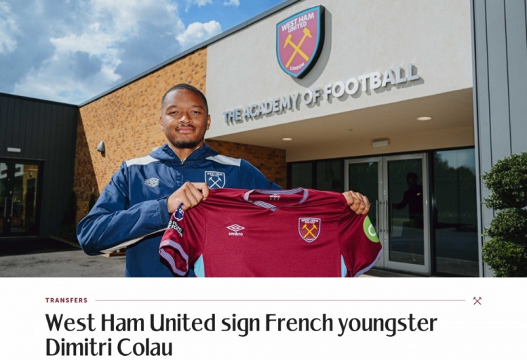 官方：西汉姆签下巴黎FC19岁后卫科劳，球员将在U21效力