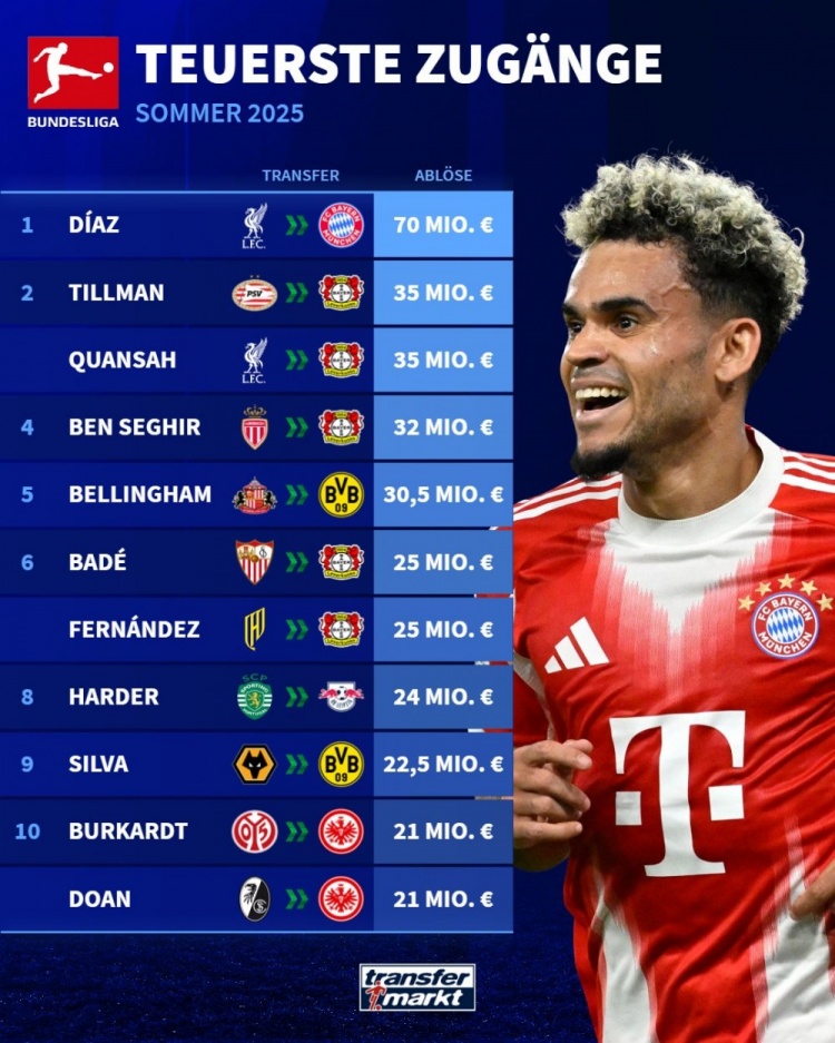 德甲今夏引援榜：迪亚斯7000万断崖领跑，蒂尔曼&宽萨领衔药厂5将