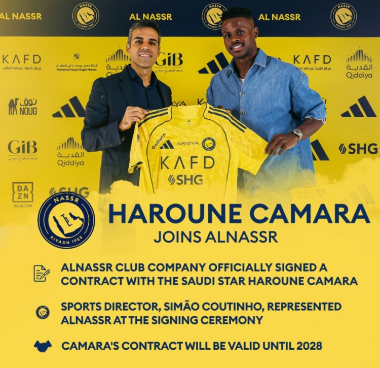 利雅得胜利官方：利亚德青年人27岁前锋卡马拉加盟，签约至2028年