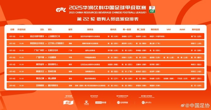 中甲第22轮裁判安排：平果vs鲲城和红狮vs南狮两场安排VAR技术