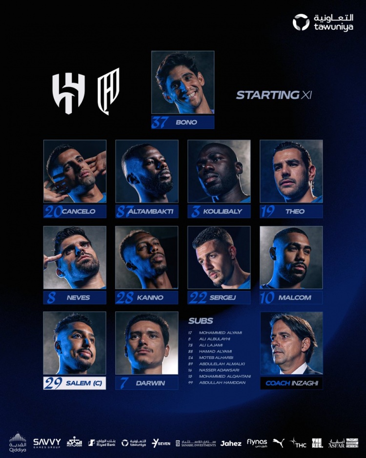 新月vs库迪西亚首发：特奥、坎塞洛、努涅斯、米林科维奇出战