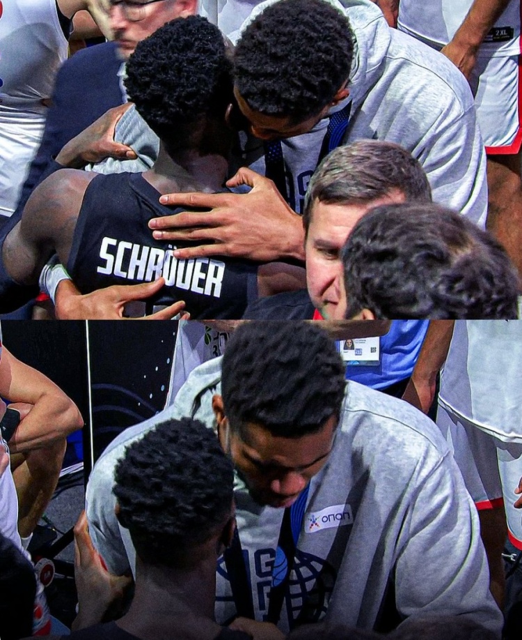 双双入选最佳阵容&皆拿奖牌！字母哥和施罗德拥抱致意