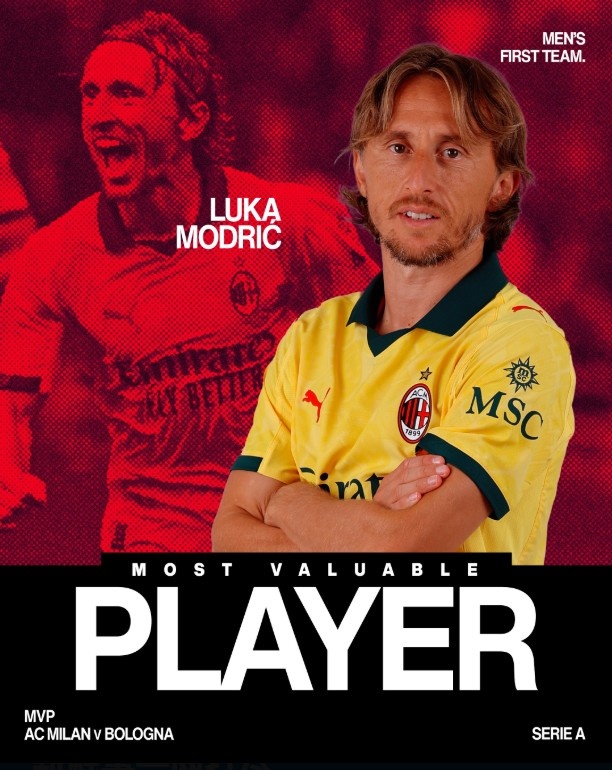 打进唯一进球，40岁莫德里奇当选米兰1-0博洛尼亚队内最佳