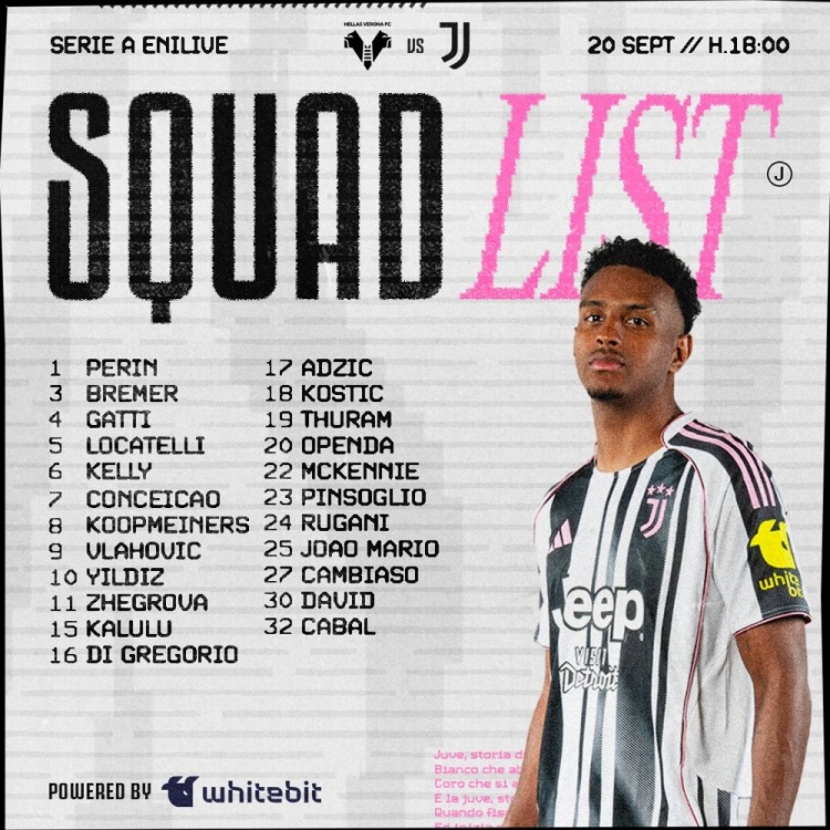 尤文客战维罗纳大名单：DV9领衔锋线，库普梅纳斯坐镇中场