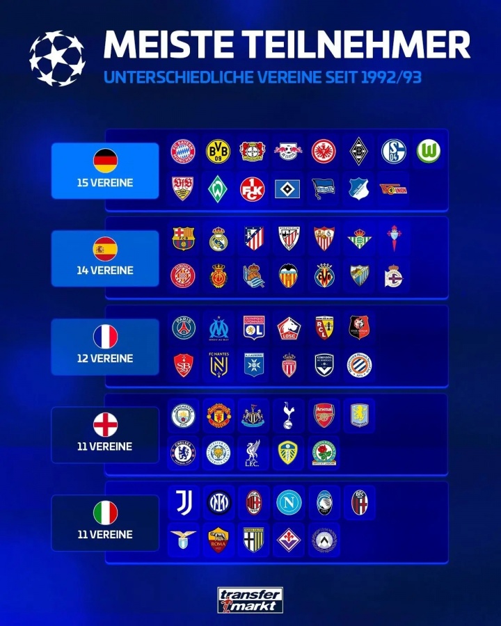 欧冠改制后五大联赛参赛排行：德甲15队居首，英超、意甲11队最少