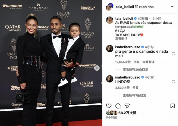 拉菲尼亚妻子晒典礼照片鼓励丈夫：不会忘记这赛季，61个参与进球