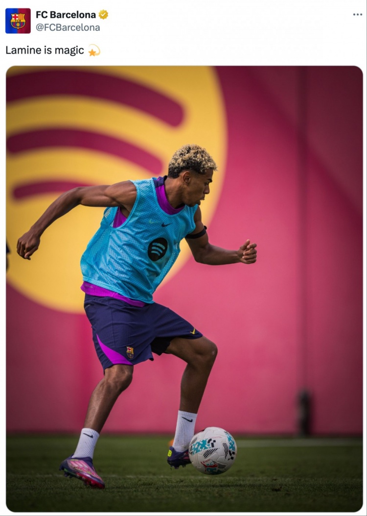 复出在即！巴萨社媒晒亚马尔训练照：拉明就是魔法般的存在💫