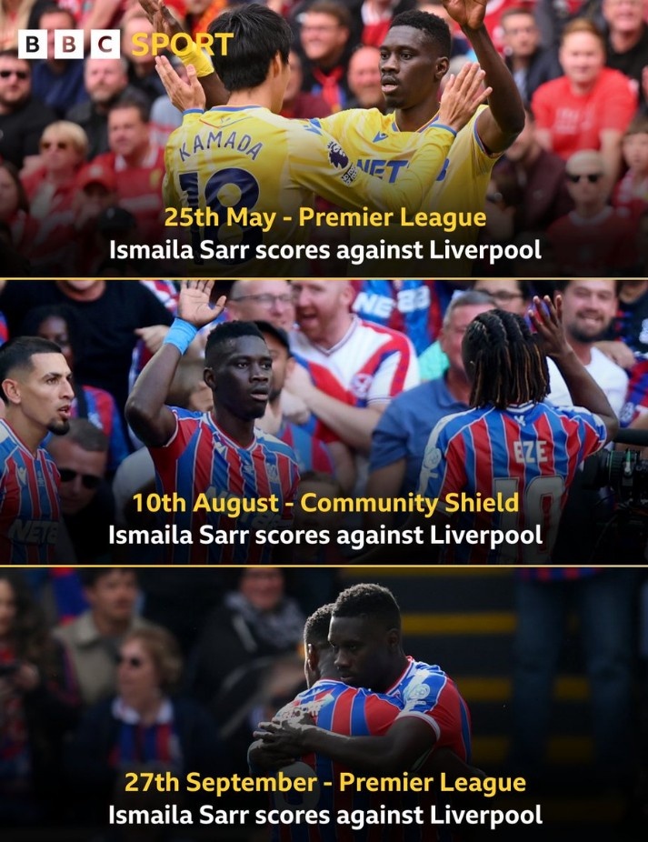 红军苦主，水晶宫前锋萨尔连续3次面对利物浦均破门