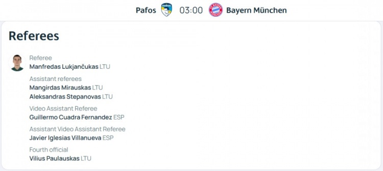 拜仁客战帕福斯裁判组名单：立陶宛主裁执法，西班牙人VAR裁判组