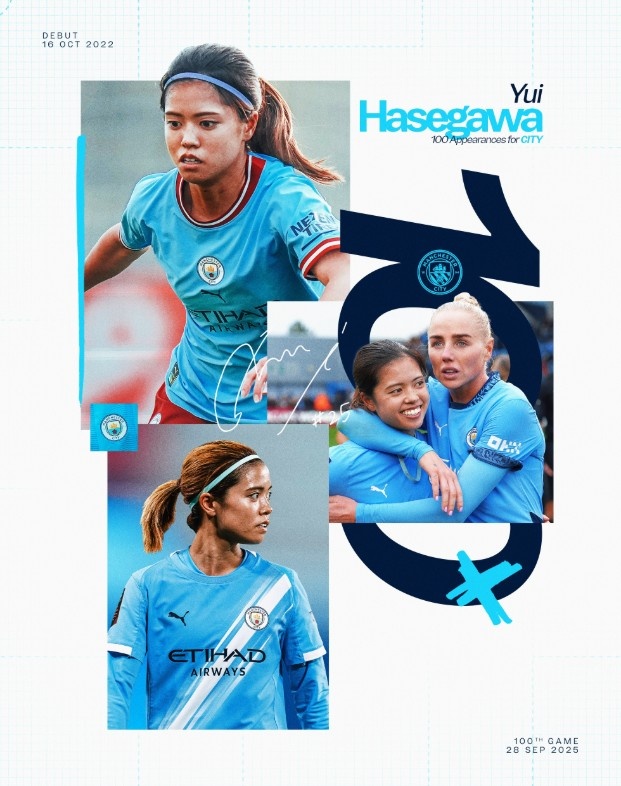长谷川唯完成曼城女足百场里程碑，上赛季当选曼城最佳女足球员