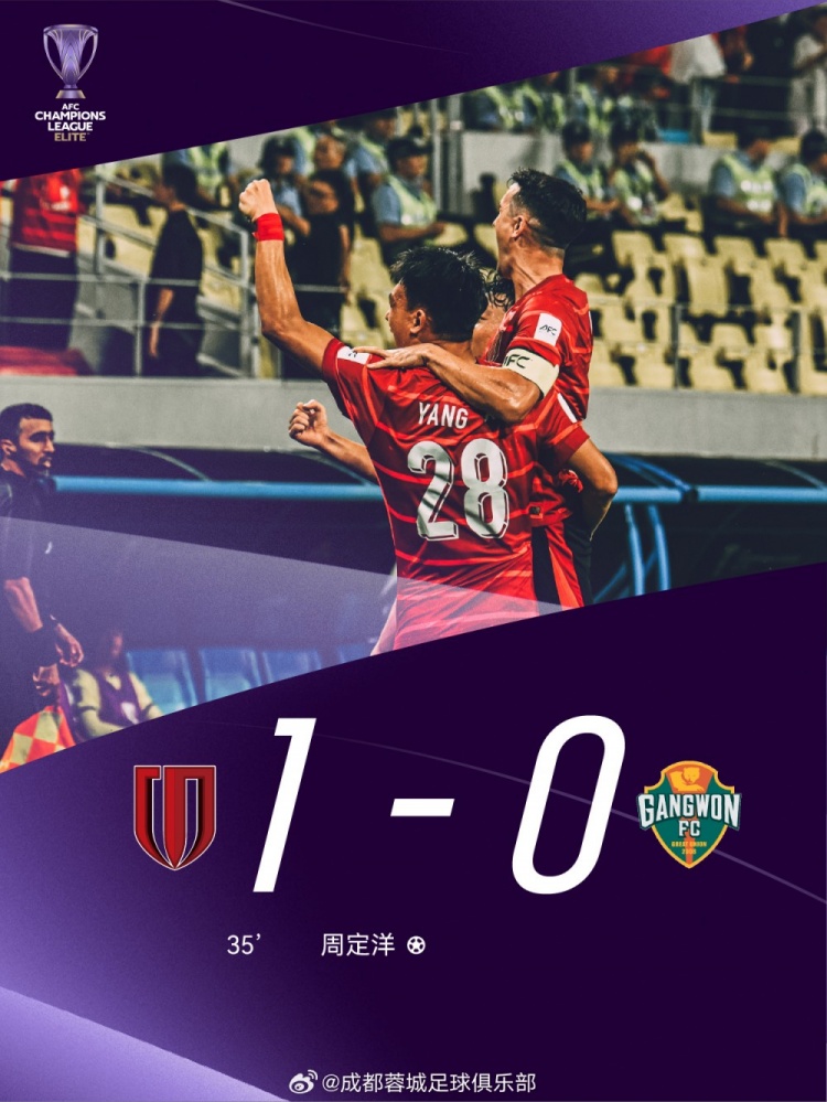 取得亚冠正赛首胜！成都蓉城1-0战胜江原FC，周定洋获得本场最佳
