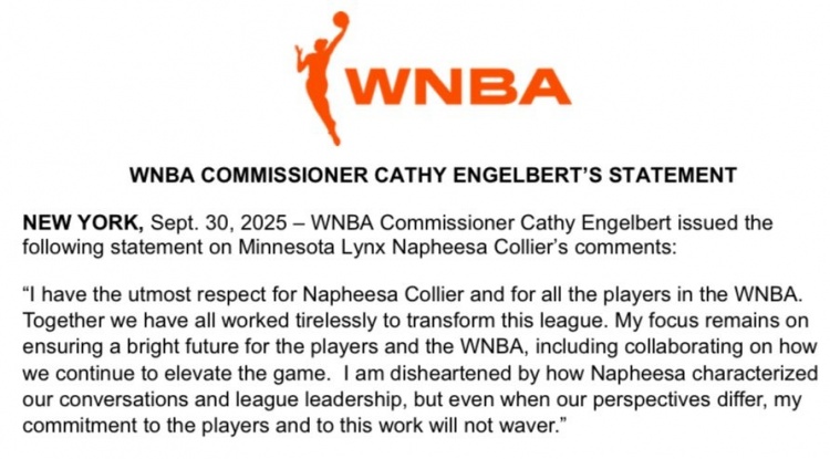WNBA总裁回应科利尔炮轰：致力于推动发展 对她的言论感到遗憾
