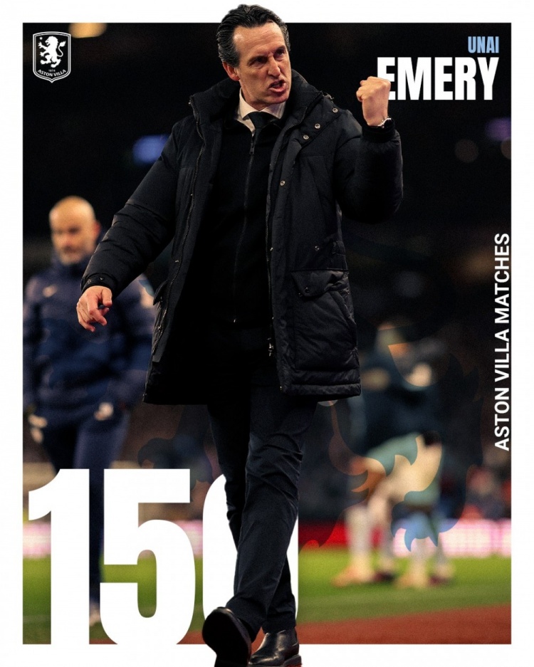 埃梅里迎来执教维拉150场里程碑，维拉官方社媒晒海报祝贺