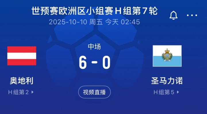 无情！世预赛奥地利半场6-0领先圣马力诺，后者FIFA排名倒数第一