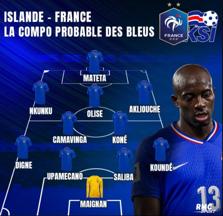 法媒预测法国对阵冰岛首发：马特塔出战，于帕、萨利巴搭档中卫