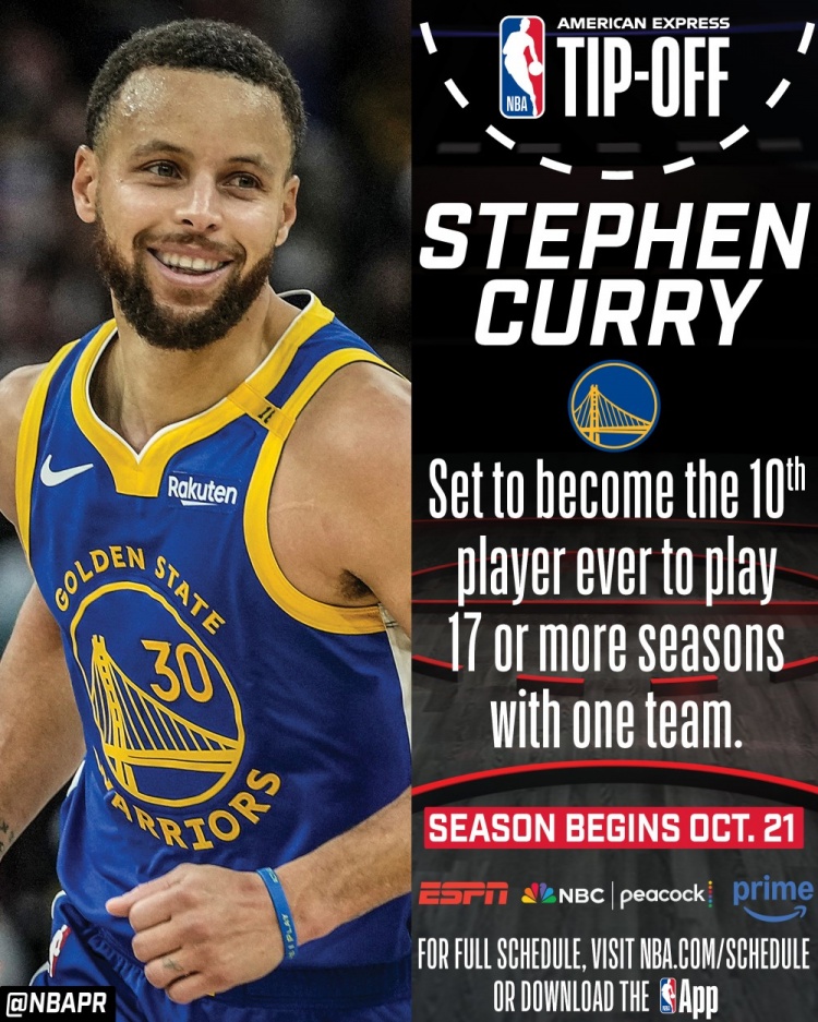 NBA官推预热揭幕战：库里是历史第10位为同一支队效力17年的球员